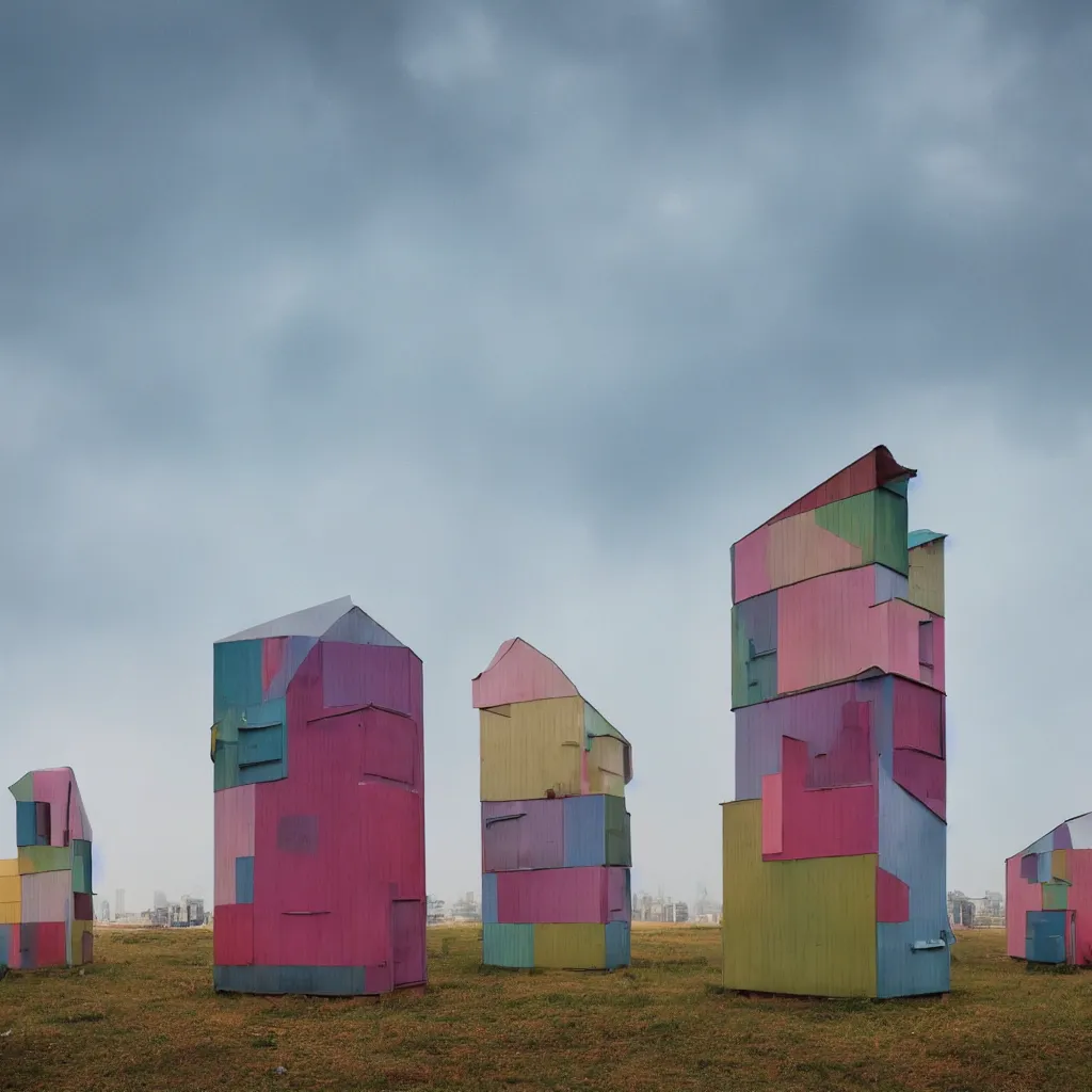 Prompt: two towers made up of colourful makeshift squatter shacks, pastel tones, plain uniform sky at the back, misty, mamiya rb 6 7, ultra sharp, very detailed, photographed by zaha hadid