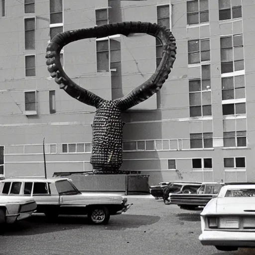 Prompt: photograph of sea monster in brutalist soviet office building parking lot in sunshine kodachrome