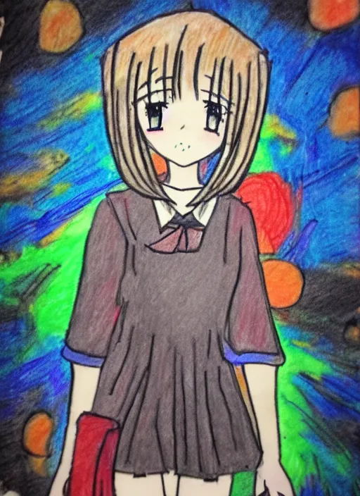 Image similar to poorly drawn anime girl, crayon art, very silly looking