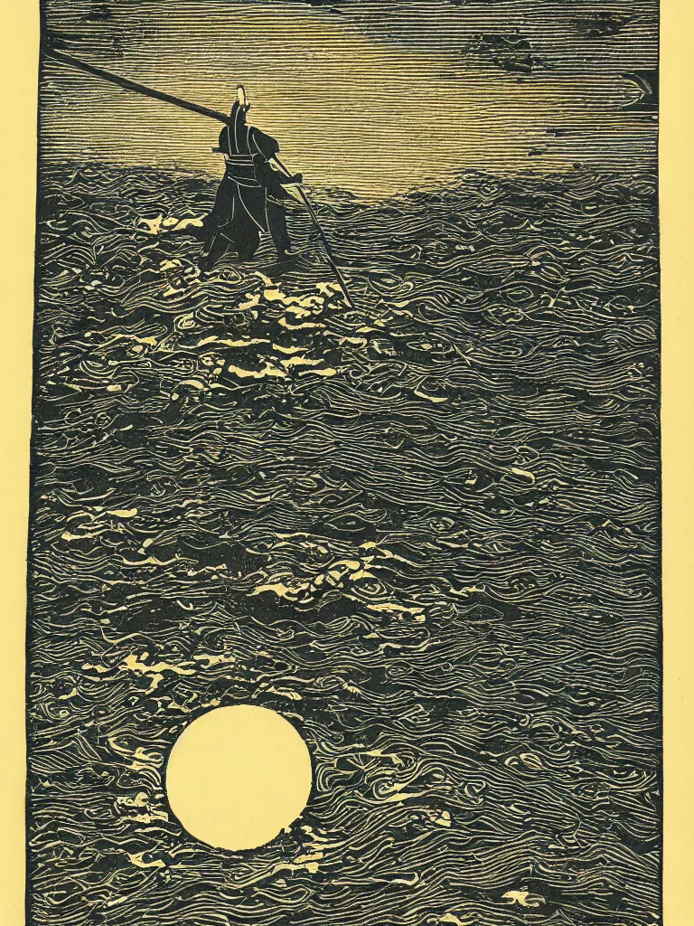 Prompt: old printmaking woodblock print of a samurai with a katana standing in water with ripples around him, a big sun above. beautiful dark fantasy, 8k detail