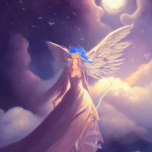 Image similar to The conceptual art features a woman with wings made of stars, surrounded by a blue and white night sky. The woman is holding a staff in one hand, and a star in the other. She is wearing a billowing white dress, and her hair is blowing in the wind. by Andreas Rocha random