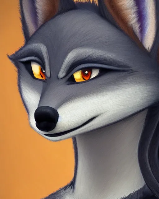 Image similar to oil painting of anthromorphic female wolf, in style of zootopia, female fursona, furry, furaffinity, 4 k, deviantart, furry art, fursona art, wearing black business suit, business suit, wolf fursona, female, very expressive detailed feminine face,