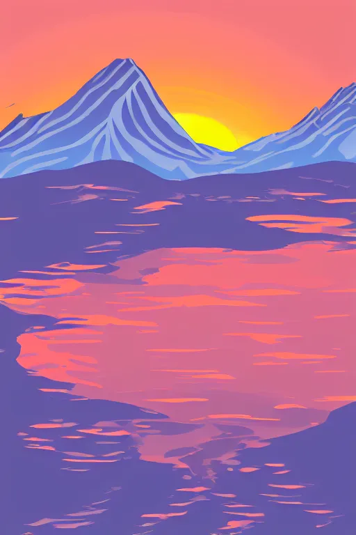 Image similar to sunrise mountain water vector illustration digital art by samuel smith trending on artstation