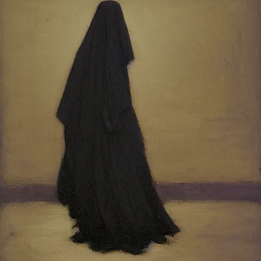 Image similar to Back view of the grim reaper, thin black robe, curvy, peach emoji, death himself, elegant, deep shadows, award winning, by Ilya Repin, deviant art