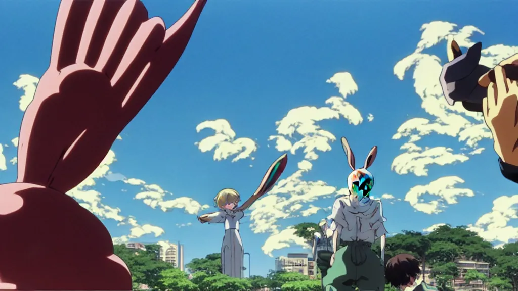 Image similar to a giant statue of a rabbits foot, anime film still from the an anime directed by Katsuhiro Otomo with art direction by Salvador Dalí, wide lens