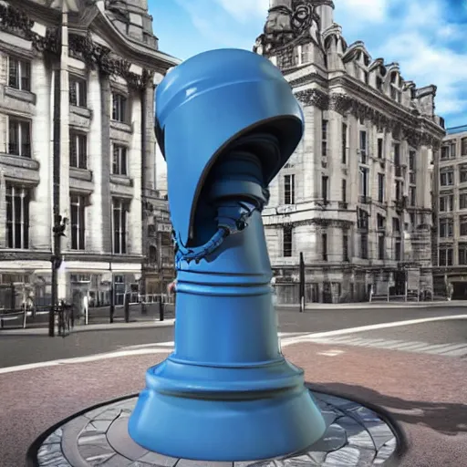 Image similar to a giant statue of a plunger in the center of london. futuristic. blue blurry background. highly detailed, intricate steampunk ornate, poetic, 3 d render, digital art, octane render, 8 k artistic photography, photorealistic.