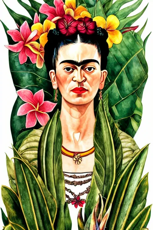 Image similar to realistic portrait of frida kahlo in the center of an ornate floral frame with tropical foliage and tropical flowers, detailed art by kay nielsen and walter crane, illustration style, watercolor