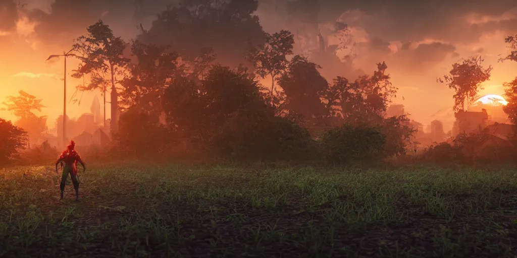 Prompt: the ratman hero, surrounded by lush green vegetation, ground - level view, puddles of water, stunning volumetric lighting, sunset, trending on artstation, 8 k, photorealistic, hyper detailed, unreal engine 5, cinematic, epic lighting, cryengine, octane render, cyberpunk, red and orange glow, dark, gloomy