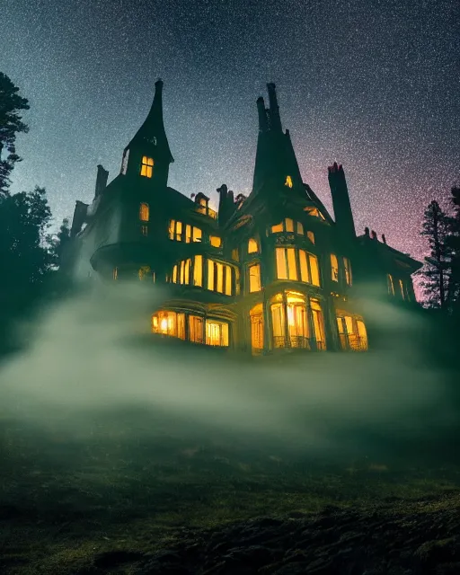 Prompt: a wide angle low photo of a colossal haunted victorian mansion on the edge of a cliff above a misty forest at night, saturated color, volumetric light, epic proportions, ectoplasm, mystical, occult, alchemy, ultra detailed, 8 k