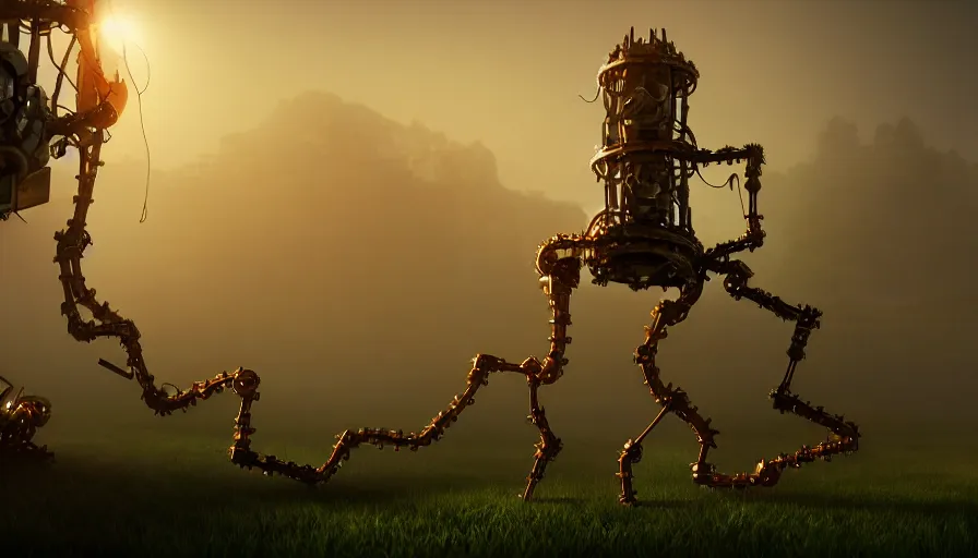 Image similar to a walking mechanical castle with legs, vines, pilar, hyperrealistic, highly detailed, cinematic, single ray of sun, fog, beautiful, cgssociety, artstation, 8 k, oil painting