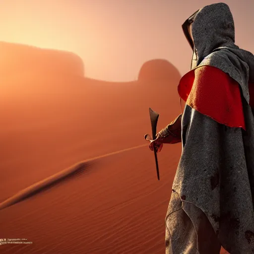 Prompt: view from the back warrior holding two swords, full body worn out torn cape, red hoodie, worn out clothes, floating spiral sand, desert, concept art, volumetric light, full body shot, 8K, trending on artstation