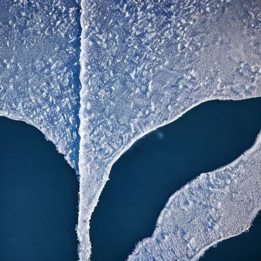 Prompt: areal picture of a frozen lake, the ice is broken in the shape of the flag of Finland