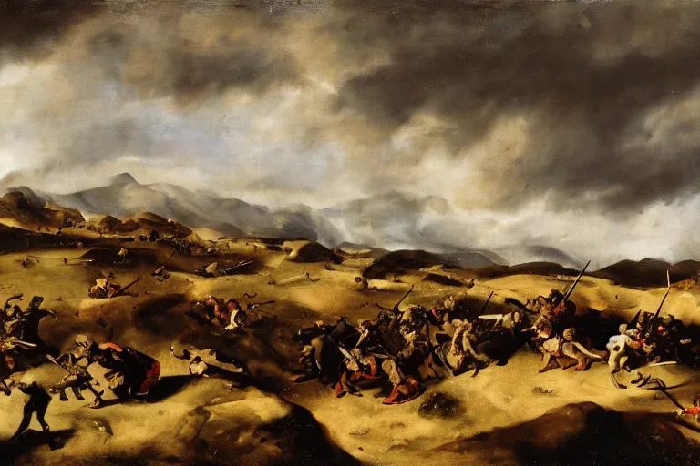 Prompt: a battlefield full of swords in the bare terrain, windy clouds by velasquez, oil painting 4 k