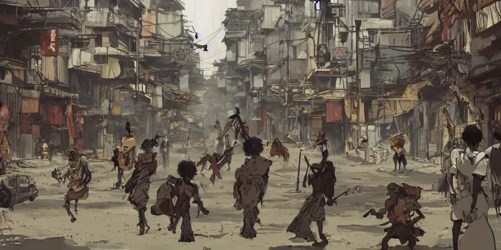 Prompt: a film still from afrosamurai by ian mcque, a dusty street of favela city, 4 kids in african voodoo masks prepare for battle, vibrant, 5 0 mm lens, video game character and environment design, 2 d game lineart behance hd, studio, dramatic lighting, cinematic, global illumination, trending on artstation, bloom