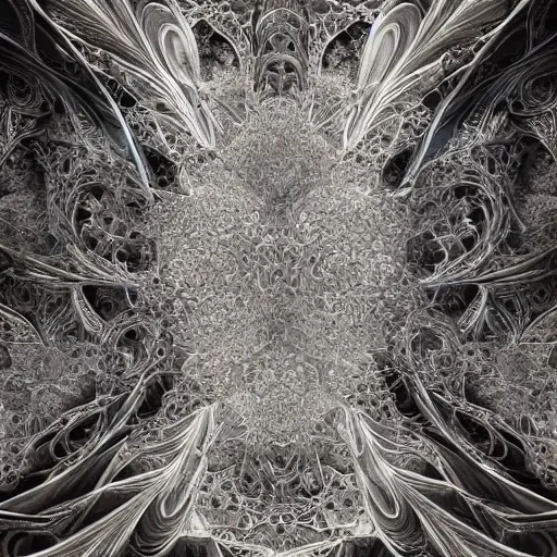 Image similar to a beautiful stone carving of an intricate mandelbrot fractal cathedral populated by fractals by android jones, carved soap, unreal engine, volumetric lighting, dynamic lighting, bright, dramatic lighting, high contrast, neon glow, carved marble, opalescent, sacred geometry, religious, angelic, catholicpunk, stark, trending on artstation