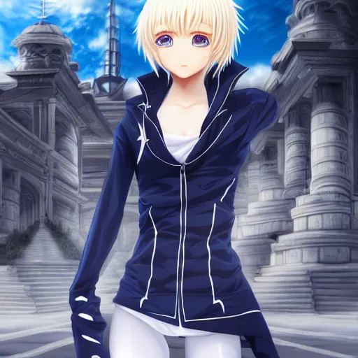 Prompt: aristocratic platinum - blonde - haired hime - cut blue - eyed princess wearing white leggings and black jacket, standing next to communist monument, anime, hd anime wallpaper, hyperrealistic lighting, drawn by artgerm