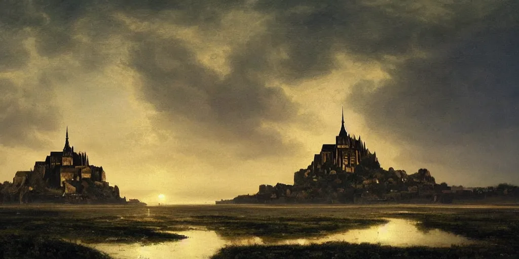 Image similar to masterpiece oil painting portraying mont saint michel in the style of romanticism landscape painters with a tree on the foreground,beautiful!!!!!!!,misty!!!!!!!!!,detailed!!!!!!!,night sky,evocative,reflection in the water,photorealistic,chiaroscuro,soft lighting