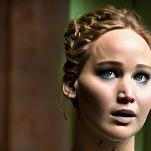 Image similar to jennifer lawrence as frankenstein's monster, color photography, sharp detail, still from the movie