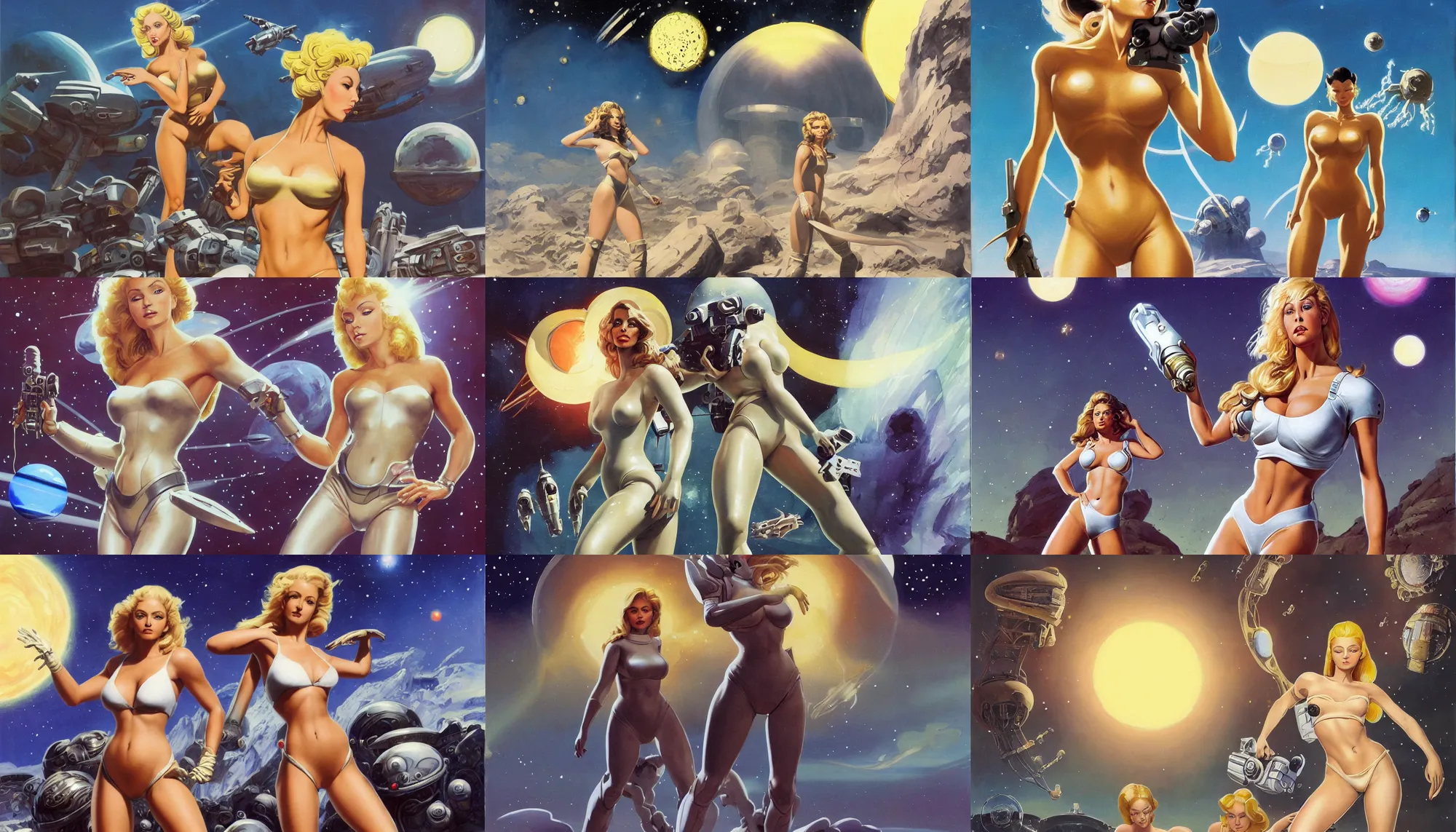 Prompt: A mixed media portrait painting of a beautiful blonde brunette woman exploring an alien planet with three suns, very curvy, aesthetic! high-waisted white-bikini-armor and boots, holding a ray-gun, aesthetic symmetrical face and eyes, model, Scandinavian, wet, discarded mechsuit in background, by Frank Frazetta, Boris Vallejo, Beeple, Greg Rutkowski, Christian MacNevin, eighties-pinup style, epic fantasy character art, high fantasy, CGsociety, exquisite detail, post-processing, masterpiece, cinematic