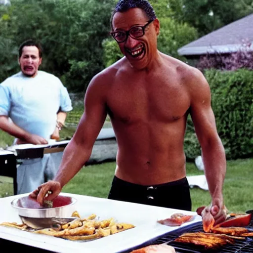 Image similar to gus fring cooking at a family barbecue with no shirt on, laughing out loud