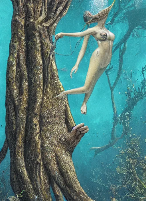 Prompt: Marc Simonette, bigfoots pulling a women underwater, trees, ultra detailed, creepy