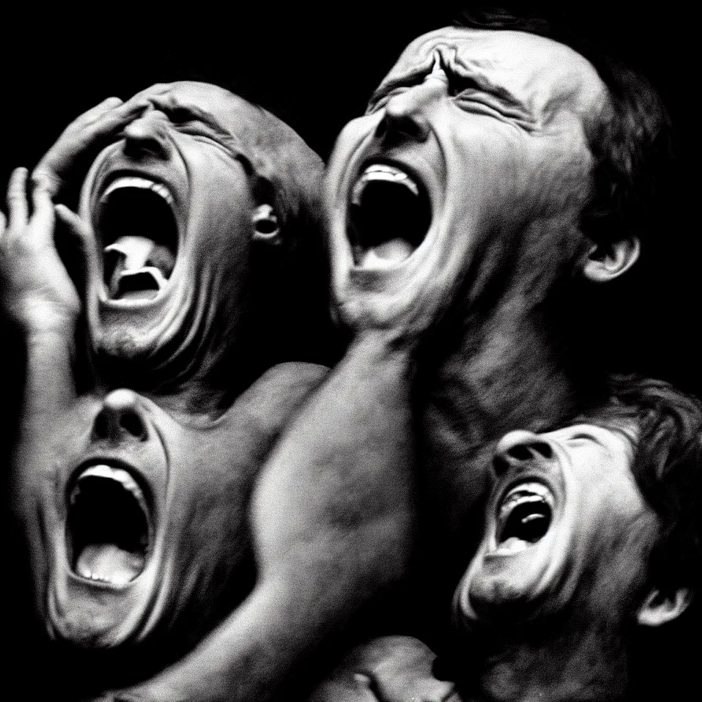 Prompt: famous photo of man screaming in terror by photographer annie leibovitz. canon ef 8 5 mm f / 1. 8 usm, chiaroscuro