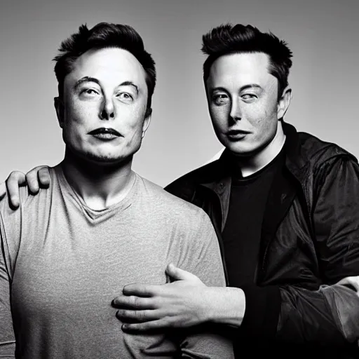 Image similar to A portrait photo of Elon Musk teams up with a teenage Elon Musk, perfect faces, 50 mm, award winning photography