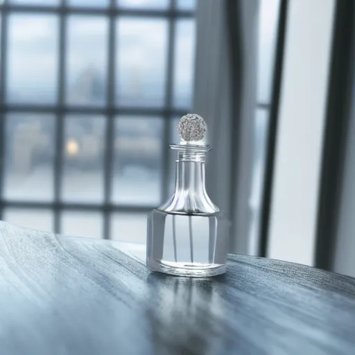 Image similar to perfume bottle on window sill in warm cosy feminine room room with a view of paris eiffel tower, up close shot, sharp focus, zen, clean, modern minimalist, octane highly render, 4 k, ultra hd,