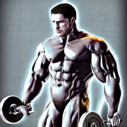 Image similar to a realistic detailed photo of a bodybuilder who is also a male android Chris Redfield, shiny skin, posing robotically, blank stare