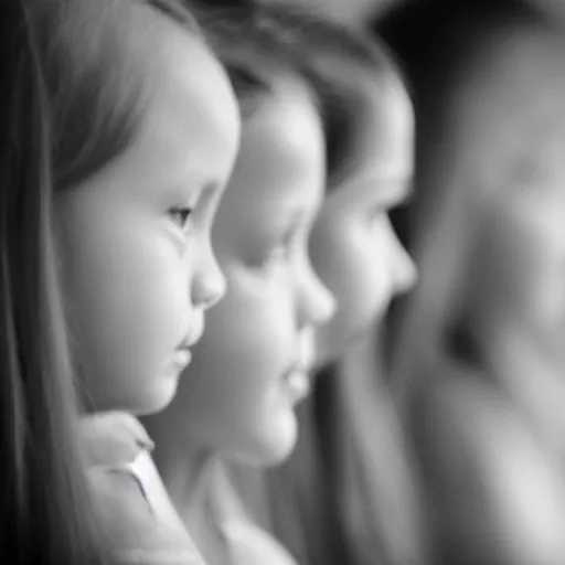 Image similar to 1 0 girls lined up of different ages from left to right, 5 0 mm lens, f 1. 4, sharp focus, ethereal, emotionally evoking, head in focus, volumetric lighting, blur dreamy outdoor,