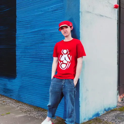 Image similar to a full body shot of an average white, short young - adult man with blue dyed hair holding a microphone, wearing a red backwards cap, white t - shirt with a red no symbol on it, blue long pants and red shoes