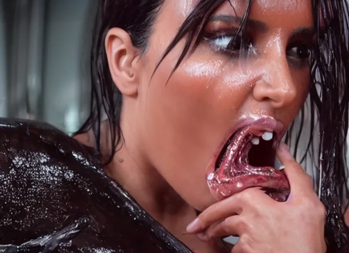 Image similar to film still of kim kardashian swallowed being ingested by an xenomorph, alien goo, transparent goo, transparent liquid, saliva, 8 k