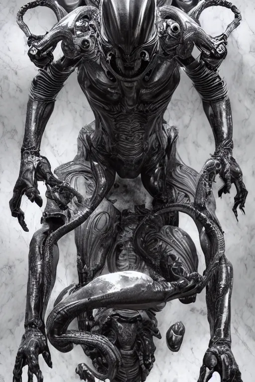 Image similar to engineer prometheus, xenomorph alien, highly detailed, symmetrical long head, smooth marble surfaces, detailed ink illustration, raiden metal gear, cinematic smooth stone, deep aesthetic, concept art, post process, 4k, carved marble texture and silk cloth, latex skin, highly ornate intricate details, prometheus, evil, moody lighting, hr geiger, hayao miyazaki, indsutrial Steampunk