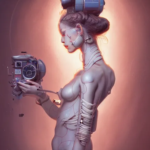 Image similar to hyperrealistic photography of a machine entering a beautiful venus female host in the style of jin kagetsu, james jean and wlop, highly detailed, sharp focus, intricate concept art, digital painting, ambient lighting, 4 k, artstation