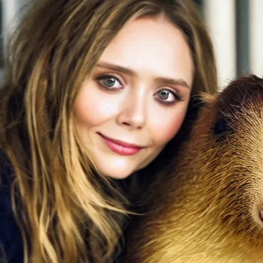 Image similar to photo of elizabeth olsen with a capybara, ultra detailed, photo realistic