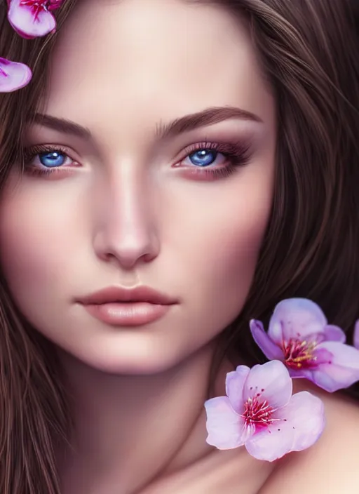 Image similar to photo of a gorgeous female, professionally retouched, soft lighting, realistic, smooth face, full body shot, torso, dress, perfect eyes, sharp focus on eyes, 8 k, high definition, insanely detailed, intricate, elegant, art by artgerm and j scott campbell, cherry blossoms