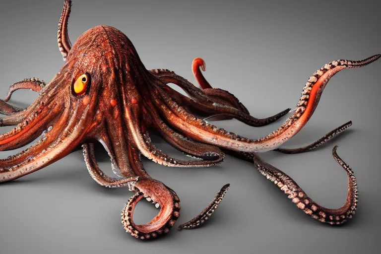 Image similar to An octopus made of muscles and flesh, very angry, teeth, ambient light, terror, glows, realistic, photo-realism, hyper realism, picture, detailed, 3D render, scary, distant shot, in the distance,