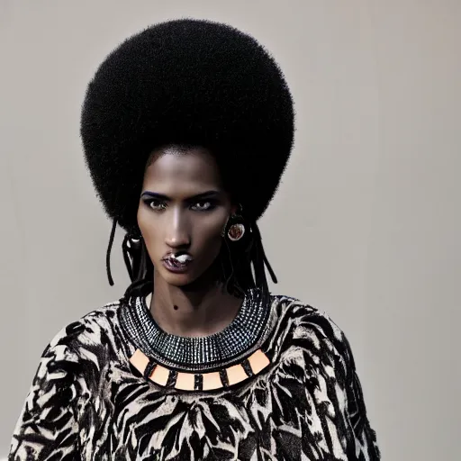 Prompt: close up of headof a black fashion model with afro, standing at black wall, official valentino editorial, highly detailed
