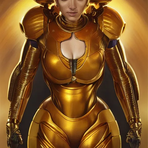 Prompt: Samus Aran from Metroid with golden armor drawn by Donato Giancola and Tom Bagshaw, face by Artgerm, overall design by Alphonse Mucha, background by James Jean and Gustav Klimt, light by Julie Bell, 4k, porcelain skin, komorebi, french nouveau, trending on artstation, octane render, hyperrealistic