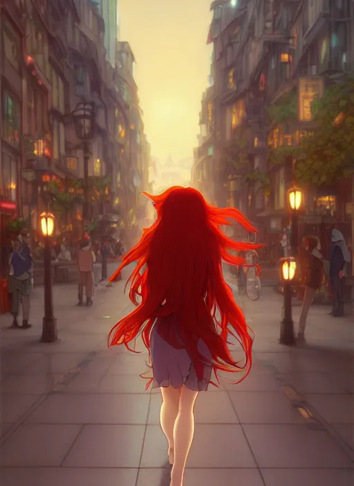 Prompt: beautiful young woman with long red hair walking down city street at night, path traced, highly detailed, high quality, digital painting, by studio ghibli and alphonse mucha, leesha hannigan, makoto shinkai, disney