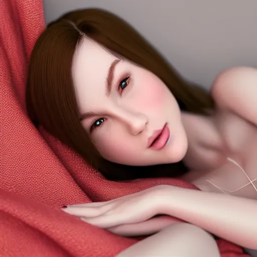 Prompt: portrait of a cute thin young woman, red blush, wearing casual clothes, small smile, relaxing on a couch, cozy under a blanket, cozy living room, close up shot, 8 k, octane render, trending on artstation, art by artgerm and irakli nadar,, hyperrealism, hyperdetailed, ultra realistic