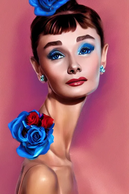 Prompt: beautiful digital painting audrey hepburn and blue roses, by Victor Nizovtsev , artstation, Behance, 4K
