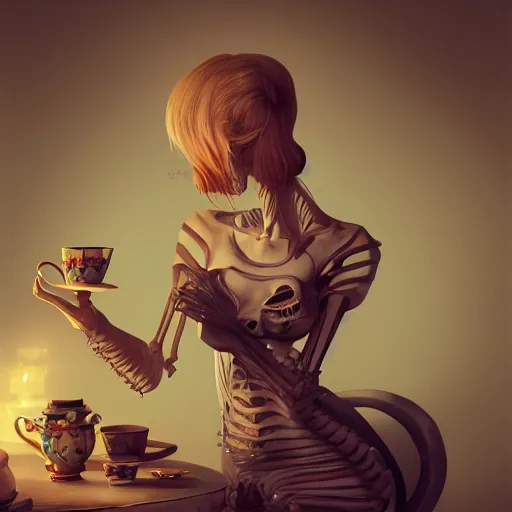 Prompt: a beautiful woman having a tea party with skeletons, natural light, trending on artstation