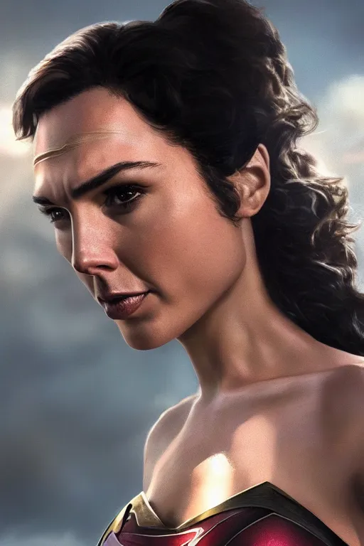 Prompt: a fancy portrait close up of Man of Steel cast as gal gadot by Greg Rutkowski, Sung Choi, Mitchell Mohrhauser, Maciej Kuciara, Johnson Ting, Maxim Verehin, Peter Konig, 8k photorealistic, cinematic lighting, HD, high details, dramatic, trending on artstation, full body shot