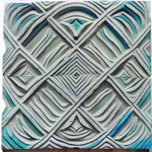 Image similar to intricate colorfully painted serpentine maze, carved soapstone relief paneling white and pale blue