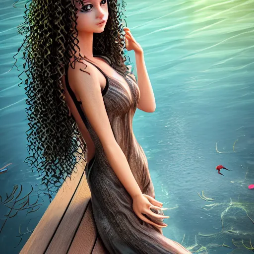 Prompt: Full body photo of a pretty water nymph with long curly hair, wearing a long dress, chilling at the waterside, highly detailed, sharp focus, cinematic lighting, HD, 8K, trending on artstation
