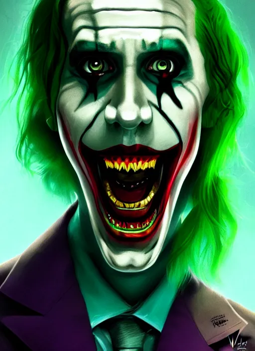 Image similar to portrait of jared leto as the joker, green hair, intricate, elegant, glowing lights, highly detailed, digital painting, artstation, concept art, sharp focus, illustration, art by wlop, mars ravelo and greg rutkowski