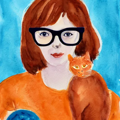 Prompt: alternative looking woman with messy short brown hair and glasses with her young orange cat full of energy, watercolor painting