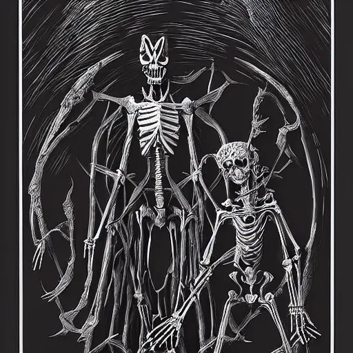 Prompt: In the center of the sculpture is a large gateway that seems to lead into abyss of darkness. On either side of the gateway are two figures, one a demon-like creature, the other a skeletal figure. vector art, cyanotype by Greg Land flowing