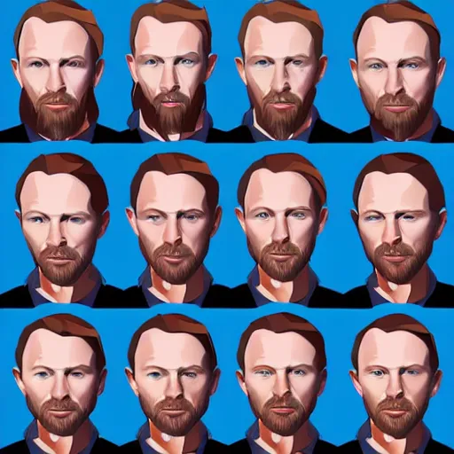 Image similar to versions sprite sheet of variations, hyper realistic, many variations of thom yorke, face variations, various emotions, various poses, high quality, brush stroke, intricate details, beautiful lighting